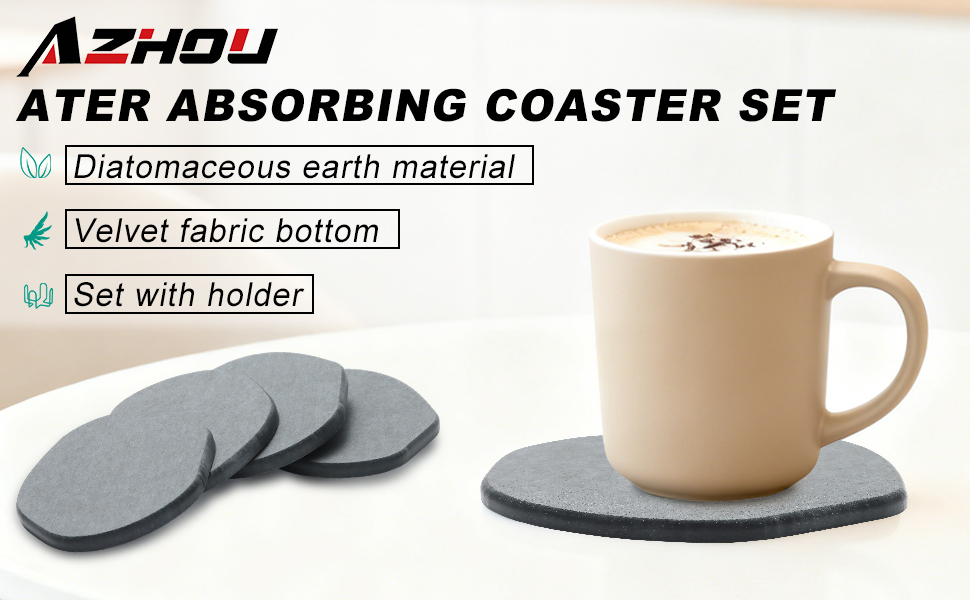 Azhou 6Pcs Absorbent Diatomaceous Earth Coasters Set with Holder - 4 Inch Quick-Dry Stone Coasters with Scratch-Resistant Surface & Velvet Base, Reusable Home Decor for Coffee Bar, Office Desk