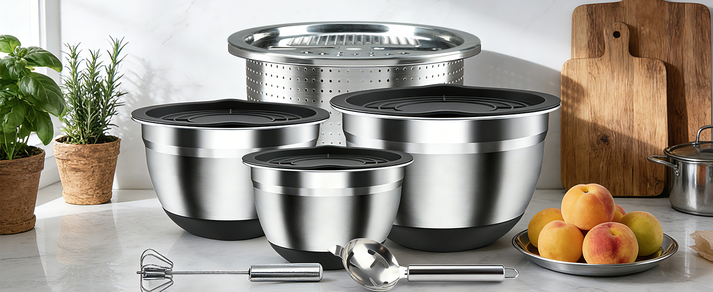 Stainless Steel Mixing Bowls Set with Lids & Silicone Base - 7-Piece Kitchen Gadgets Includes Colander, Grater, Egg Separator, Whisk - Nesting Bowls (1.5, 2, 2.5, 4.5 QT), Dishwasher Safe, Black