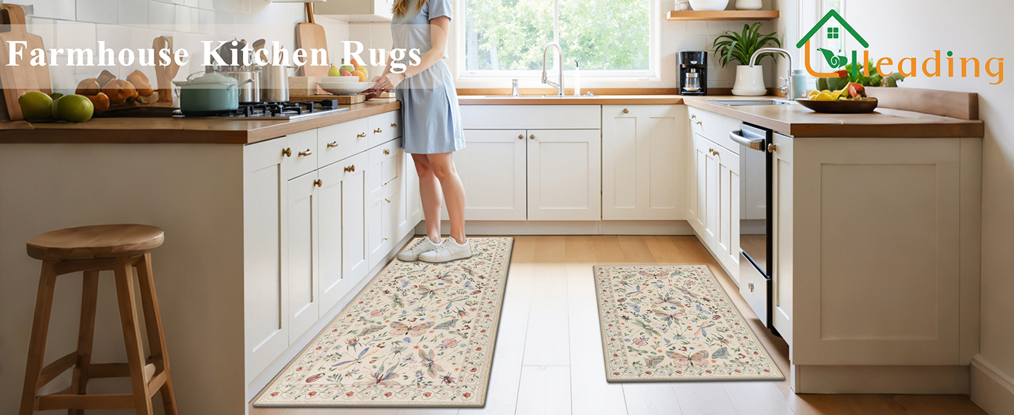 Ileading Kitchen Rugs Sets of 2, Non Slip Washable Kitchen Mats for Floor, Stain Resistant Farmhouse Floor Mat Carpet Runner for Kitchen Sink Office Laundry Hallway, Beige 20