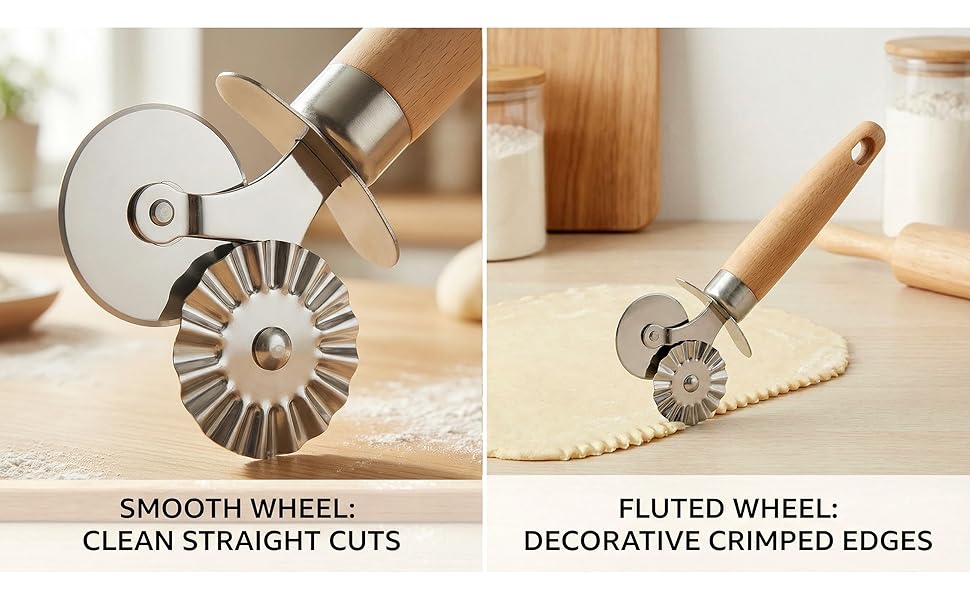 2 Pack Pizza Cutter Double Wheel- Stainless Steel Blades (Fluted & Straight) with Wooden Handle - Pastry & Dough Cutter Tool for Pasta, Pizza, Ravioli, Cookies