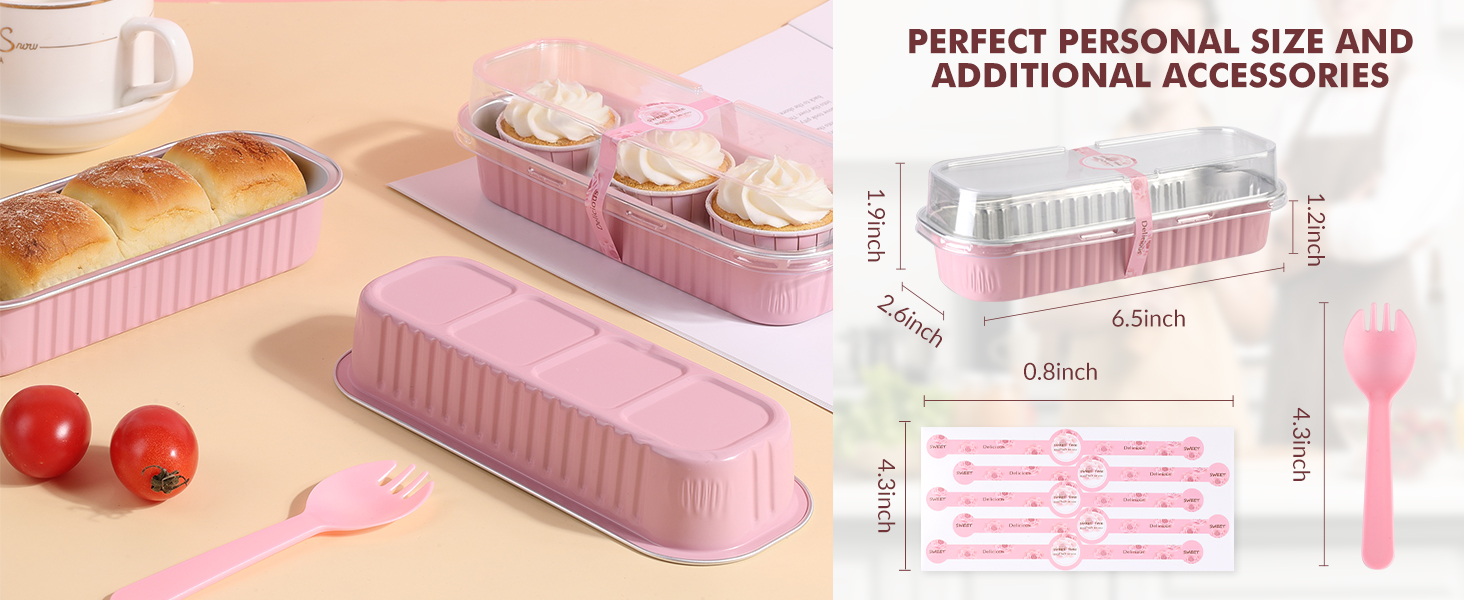 30 Pack Mini Loaf Cake Pan with Lids and Spoons, 6.8oz Small Disposable Aluminum Cake Tin Foil Pans, Rectangular Mini Loaf Bread Pans with Lids for Baking,Party,Picnics,Holidays (Pink)