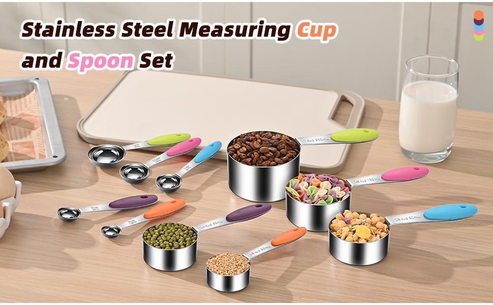Measuring Cups and Spoons Set 304 Stainless Steel Measuring Spoons Liquid Measuring Cups, Metric and US Measurements, Stackable Cups and Spoons, Fits for Measuring Dry and Liquid Ingredients