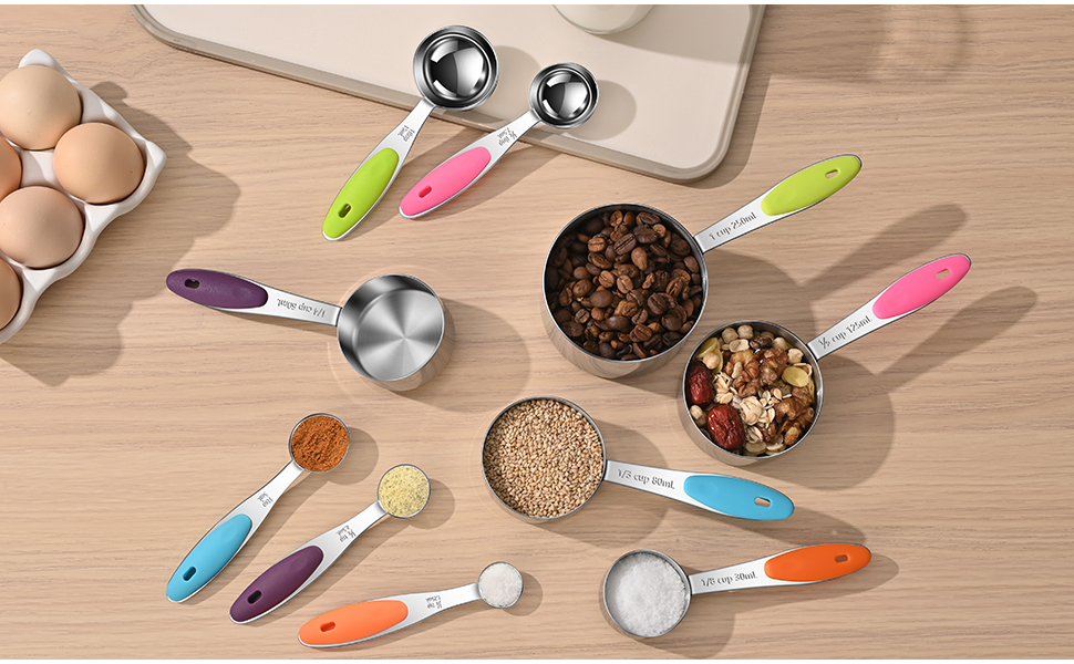 Measuring Cups and Spoons Set 304 Stainless Steel Measuring Spoons Liquid Measuring Cups, Metric and US Measurements, Stackable Cups and Spoons, Fits for Measuring Dry and Liquid Ingredients