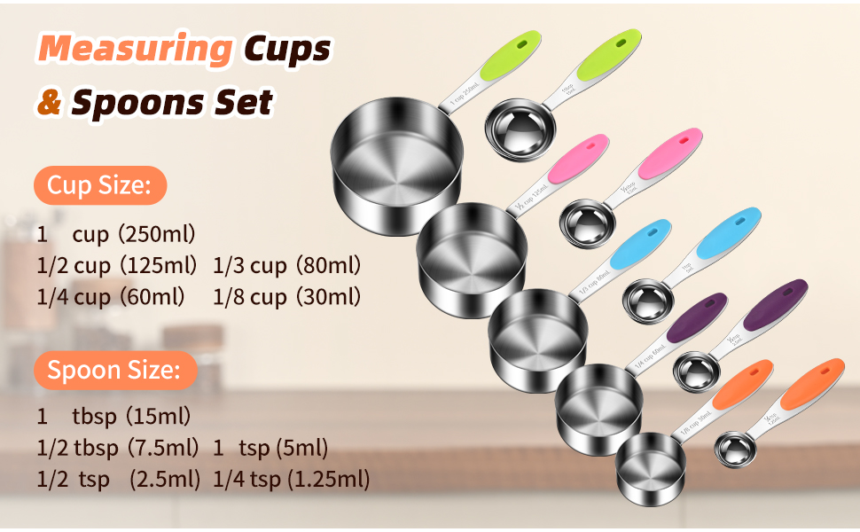 Measuring Cups and Spoons Set 304 Stainless Steel Measuring Spoons Liquid Measuring Cups, Metric and US Measurements, Stackable Cups and Spoons, Fits for Measuring Dry and Liquid Ingredients