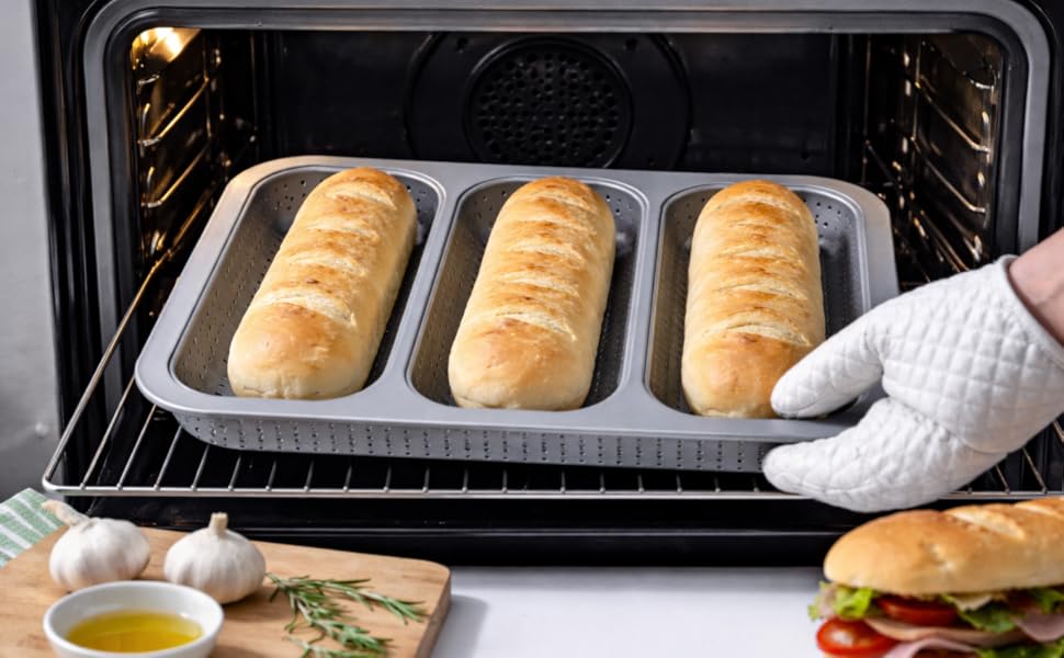 Metal Sub Roll & Hoagie Roll Baking Pan 12 inch, 3-Slot Perforated French Bread & Mini Baguette Pan, Nonstick Carbon Steel Bread Baking Tray for Homemade Subs & Sandwich Rolls