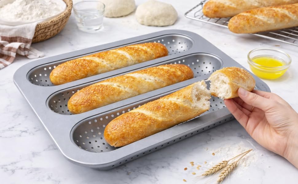 Metal Sub Roll & Hoagie Roll Baking Pan 12 inch, 3-Slot Perforated French Bread & Mini Baguette Pan, Nonstick Carbon Steel Bread Baking Tray for Homemade Subs & Sandwich Rolls