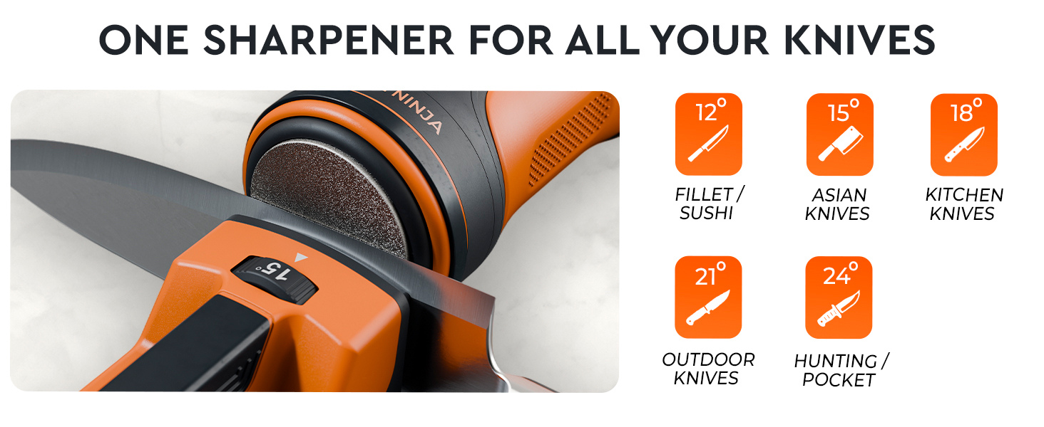 Orange Ninja Electric Rolling Knife Sharpener - 5 Adjustable Sharpening Angles (12°–24°)- 3-Stage Diamond & Ceramic Sharpening Discs – Fast & Easy Electric Knife Sharpener Kit