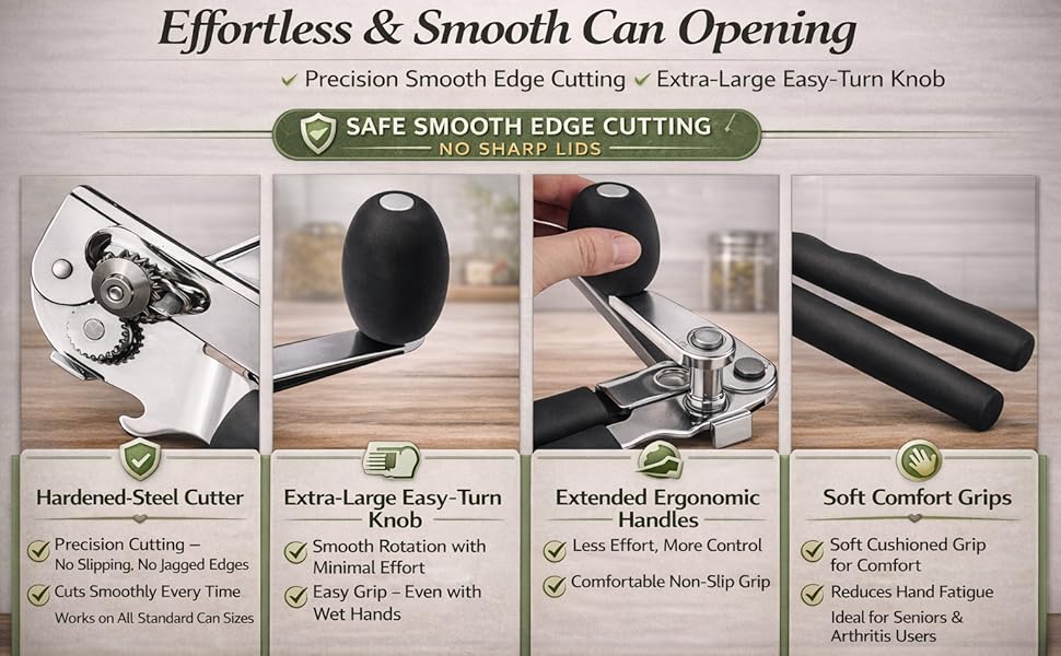 Heavy Duty Manual Can Opener for Seniors & Adults with Magnetic Lid Lifter - Easy Open Smooth Edge Safe Cut, Stainless Steel for Large Cans, Kitchen & Camping & Commercial with Bottle Opener