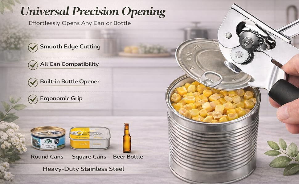 Heavy Duty Manual Can Opener for Seniors & Adults with Magnetic Lid Lifter - Easy Open Smooth Edge Safe Cut, Stainless Steel for Large Cans, Kitchen & Camping & Commercial with Bottle Opener