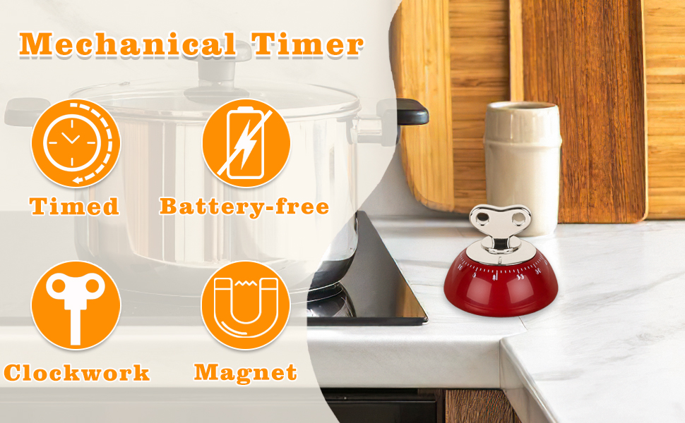 Mechanical Kitchen Timer, Magnetic Wind Up Analog Timer with Loud Alarm Sound for Cooking, Baking, Classic Retro Design, No Battery Needed