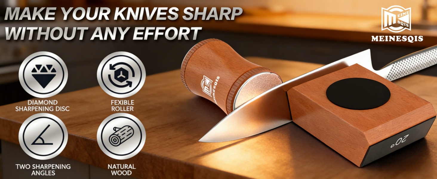 Rolling Knife Sharpener Kit with Diamond & Ceramic Discs, Magnetic Angle Guide 15° 20°, Professional Kitchen Knife Sharpener System, Manual Knife Sharpening Tool for Chef Knives Kitchen Gadgets