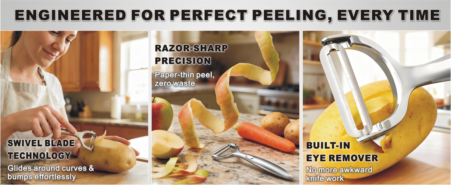 Premium Vegetable Peelers with Swivel Blade - Ultra Sharp 420 Stainless Steel Potato Apple Peeler, Ergonomic Handle & Potato Eye Remover, Dishwasher Safe