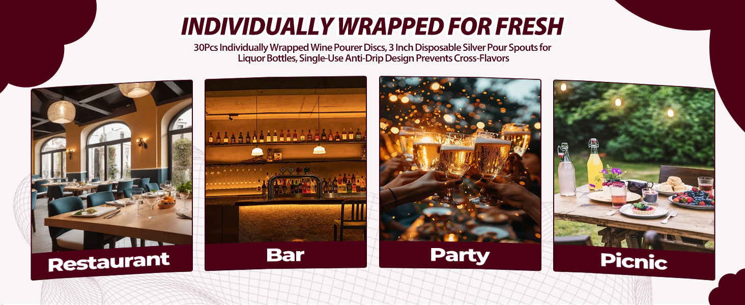 30-Pack Disposable Wine Pouring Discs, 3-Inch Individually Wrapped Anti-Drip Liquor Pour Spouts for Wine & Spirit Bottles, Single-Use Design Prevents Flavor Transfer