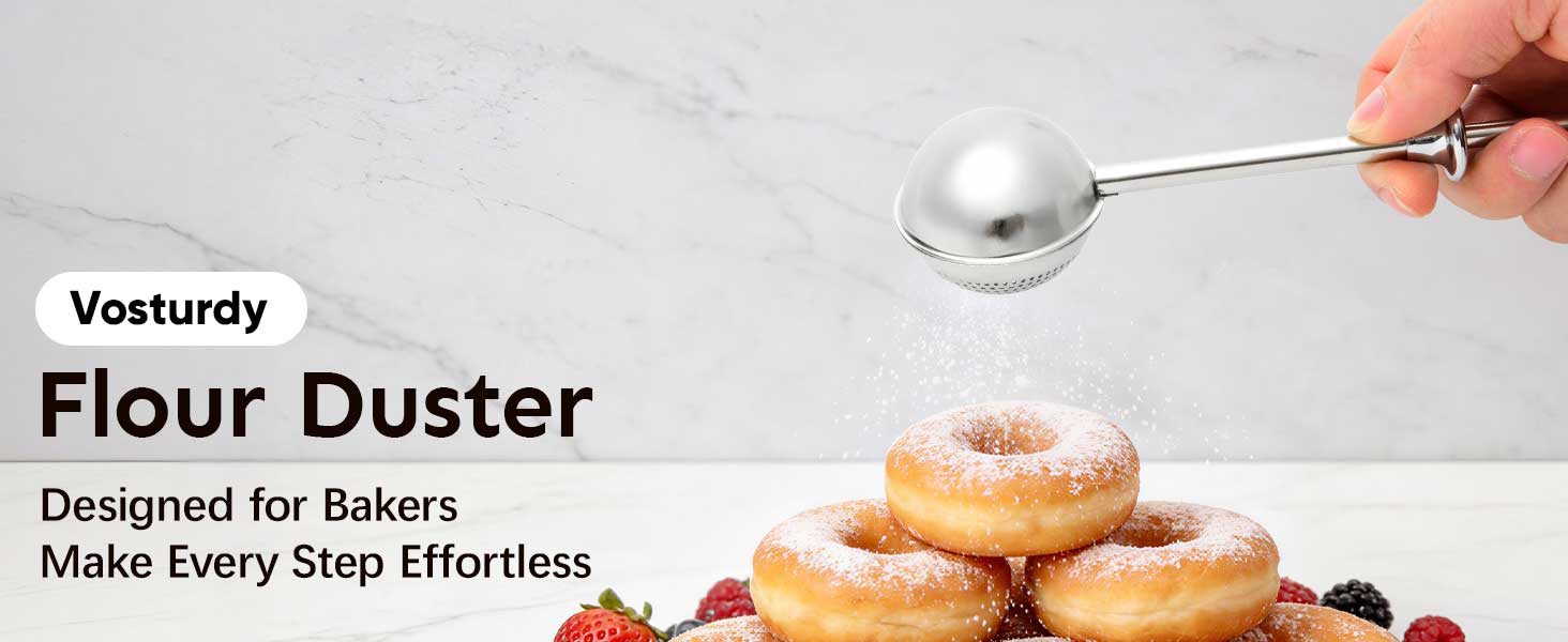 Flour Duster for Baking, Stainless Steel flour sifter with One-Handed Spring Handle, Fine Mesh Baking Dusting Wand for Powdered Sugar, Cocoa, Spices, Even Sprinkle