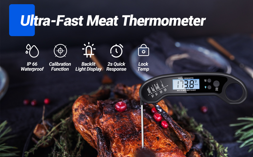 Meat Thermometer Digital, Instant Read Meat ThermometerI for Grill and Cooking, Waterproof Food Thermometer for Kitchen and Outside, BBQ, Turkey, Candy, Liquids, Beef