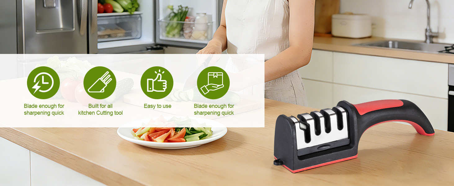 Professional 4-in-1 Knife Sharpener with Tungsten Steel & Ceramic Slots, Manual Sharpener for Chef Knives, Scissors & Straight Edge Blades - Home Kitchen Tool