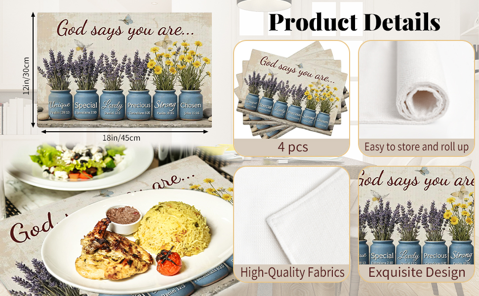 Christian Placemats Set of 4, 12x18 Inch Kitchen Inspirational Table Mats, Bless Bible Verses Flowers Table Decor, Religious Place Mats for Kitchen Decor