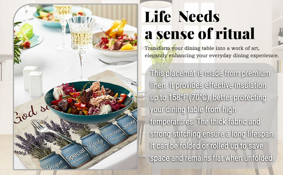 Christian Placemats Set of 4, 12x18 Inch Kitchen Inspirational Table Mats, Bless Bible Verses Flowers Table Decor, Religious Place Mats for Kitchen Decor