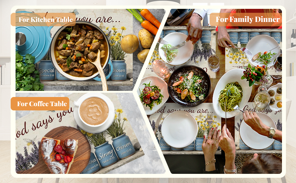 Christian Placemats Set of 4, 12x18 Inch Kitchen Inspirational Table Mats, Bless Bible Verses Flowers Table Decor, Religious Place Mats for Kitchen Decor