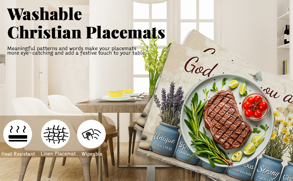 Christian Placemats Set of 4, 12x18 Inch Kitchen Inspirational Table Mats, Bless Bible Verses Flowers Table Decor, Religious Place Mats for Kitchen Decor