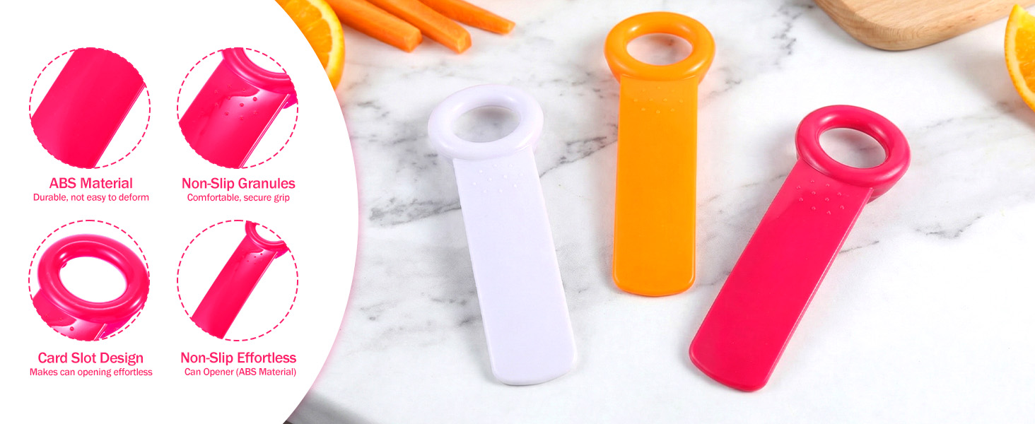 3PCS Jar Key Lid Opener, 5.51-Inch Jar Key for Seniors & Arthritis, Plastic Can Opener, Church Key Design for Sealed Lids (Rose Red, White and Orange)