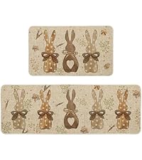 Artoid Mode Rabbit Flowers Bunny Easter Kitchen Mats Set of 2, Spring Home Decor Low-Profile Kitchen Rugs for Floor - 17x29 and 17x47 Inch