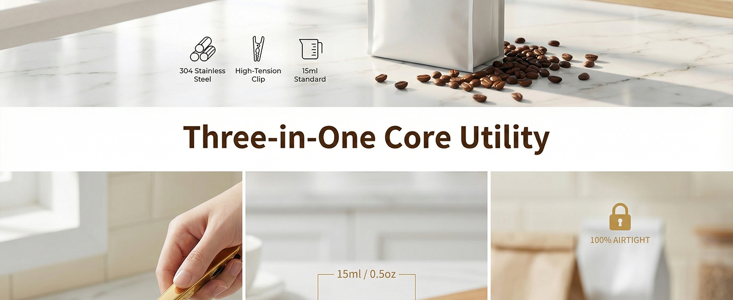 Li&Zhao Stainless Steel Coffee Scoop with Clip - Coffee Scoop for Ground Coffee, Precision Coffee Measuring Scoop, Tablespoon Stainless Steel Scoop for Coffee, Tea, Protein Powder (Gold)