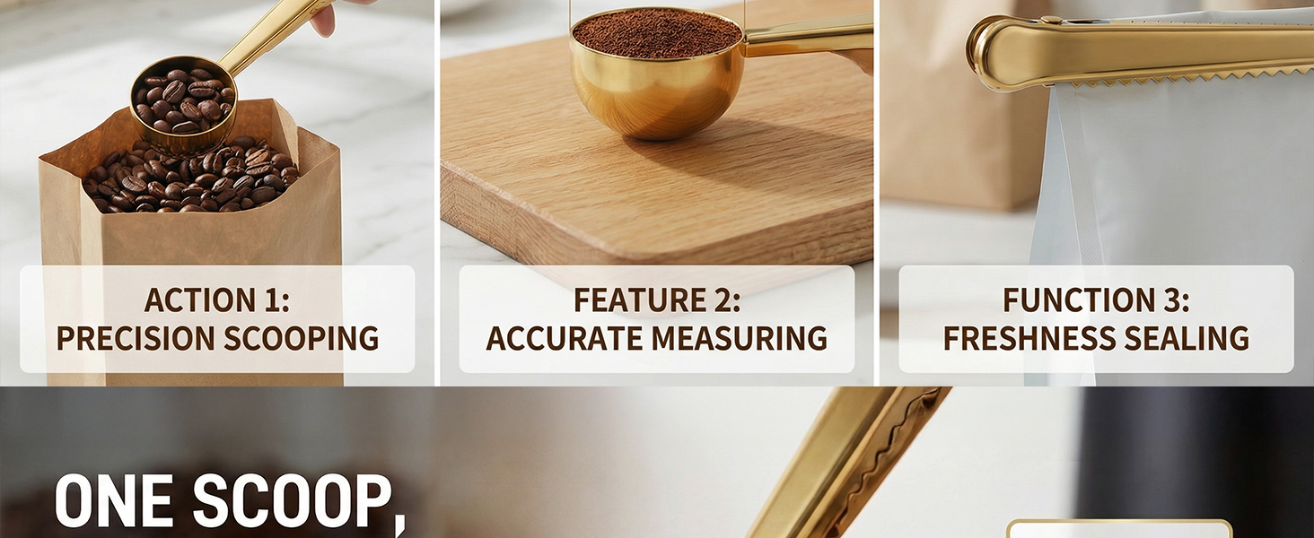 Li&Zhao Stainless Steel Coffee Scoop with Clip - Coffee Scoop for Ground Coffee, Precision Coffee Measuring Scoop, Tablespoon Stainless Steel Scoop for Coffee, Tea, Protein Powder (Gold)