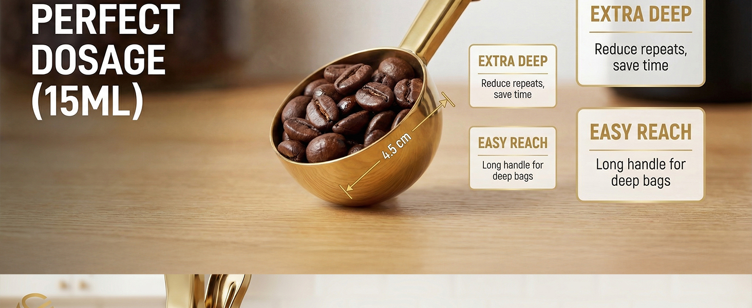 Li&Zhao Stainless Steel Coffee Scoop with Clip - Coffee Scoop for Ground Coffee, Precision Coffee Measuring Scoop, Tablespoon Stainless Steel Scoop for Coffee, Tea, Protein Powder (Gold)