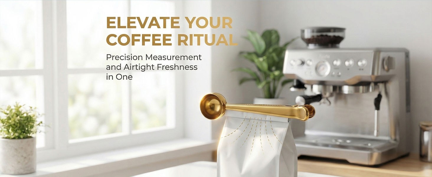 Li&Zhao Stainless Steel Coffee Scoop with Clip - Coffee Scoop for Ground Coffee, Precision Coffee Measuring Scoop, Tablespoon Stainless Steel Scoop for Coffee, Tea, Protein Powder (Gold)