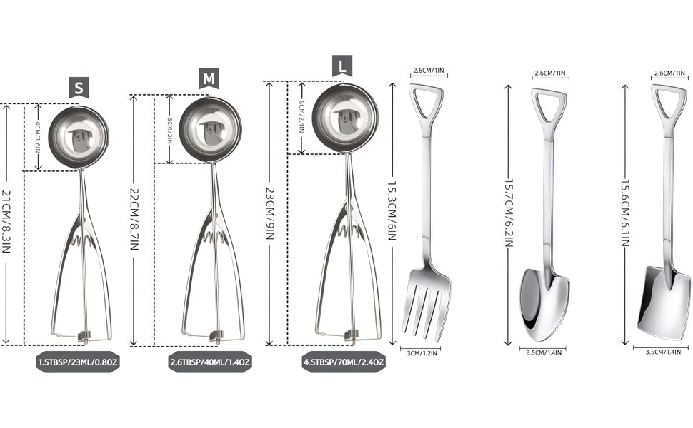 Ice Cream Scoop, 3Pcs Cookie Scoop Set, Stainless Steel Ice Cream Scoop with Trigger Release, Cookie Dough Scoop, Large/Medium/Small Cookie Scooper for Baking with 2 Shovel Spoons and 1 Shovel Forks