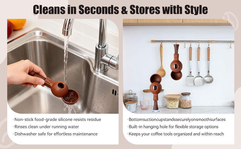 Reusable Coffee Pod Filling Scoop with Built-In Funnel – No Spill Capsule Refill Tool, 15g/30g Measuring Spoon for Ground Coffee Beans & Protein Powder, Silicone Funnel Scoop 2-Pack (Blue & Brown)