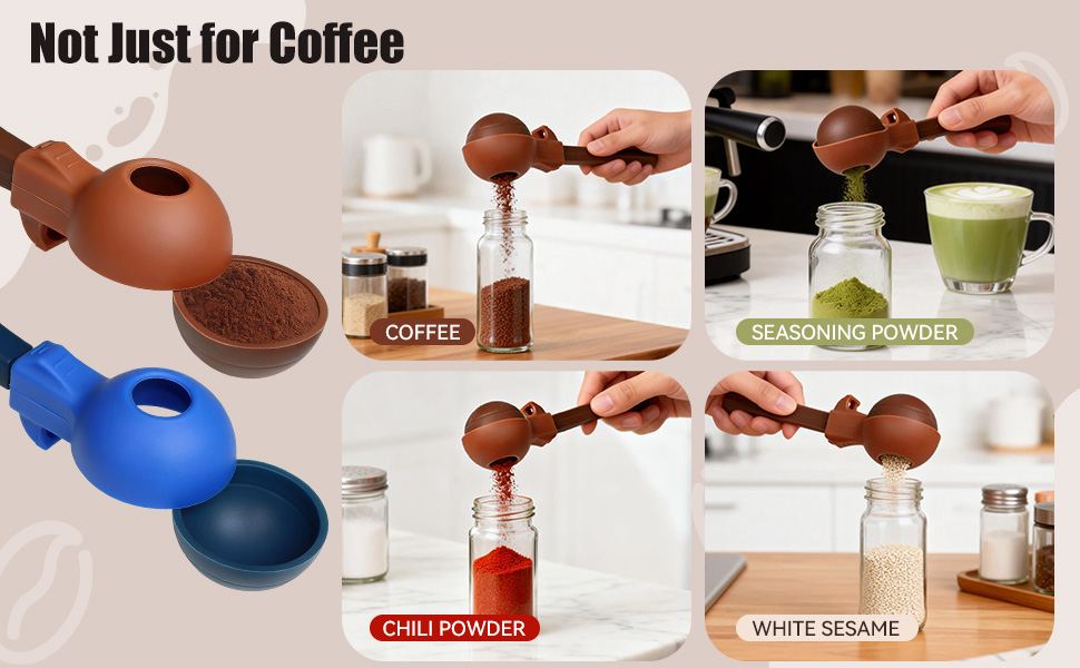 Reusable Coffee Pod Filling Scoop with Built-In Funnel – No Spill Capsule Refill Tool, 15g/30g Measuring Spoon for Ground Coffee Beans & Protein Powder, Silicone Funnel Scoop 2-Pack (Blue & Brown)