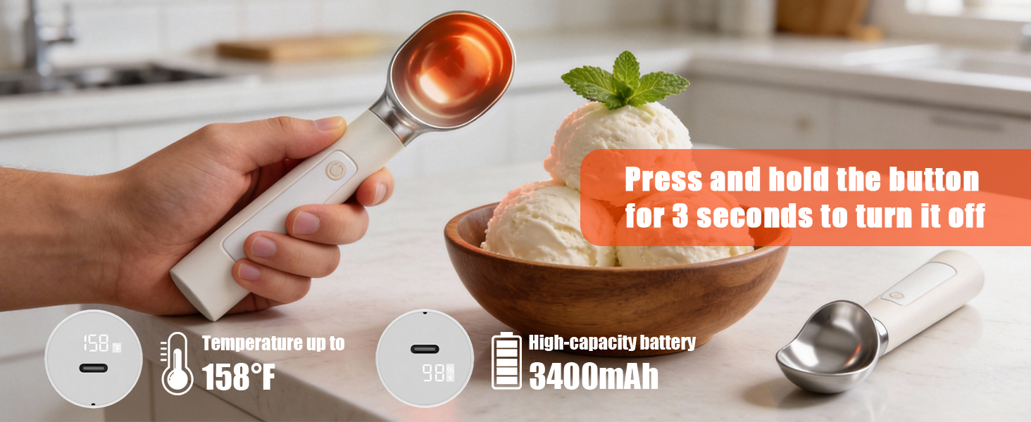 Heated Ice Cream Scoop – Electric Scooper for Hard Ice Cream and Desserts, Heating Up to 158°F, Rechargeable 3400mAh Battery with LED Display, Easy to Clean, Ideal Summer Gift