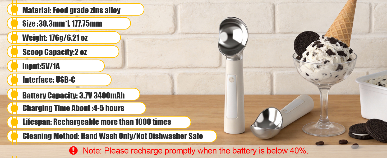 Heated Ice Cream Scoop – Electric Scooper for Hard Ice Cream and Desserts, Heating Up to 158°F, Rechargeable 3400mAh Battery with LED Display, Easy to Clean, Ideal Summer Gift