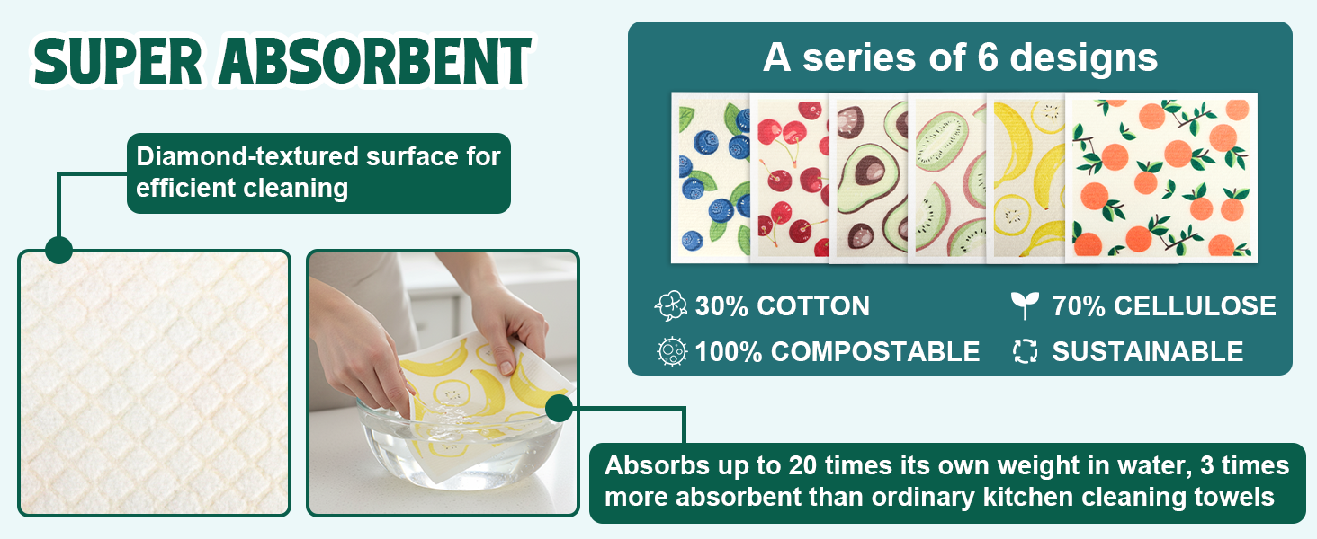 Lsnisni Swedish Dishcloths for Kitchen, 6 Pack Swedish Dish Cloths, Reusable Paper Towels, Washable Kitchen Cloth, 100% Biodegradable, Super Absorbent, Quick Drying