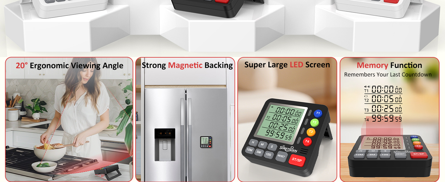 Digital Kitchen Timer for Cooking - 4 Channel Count Up Countdown Timer with Loud Alarm and Silent Mode, Large Display, Magnetic Back, Auto Memory for Classroom Study Gym, Battery Included (Black)