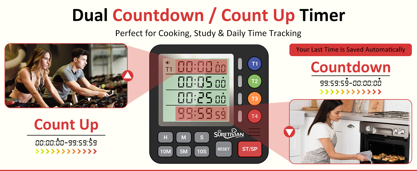 Digital Kitchen Timer for Cooking - 4 Channel Count Up Countdown Timer with Loud Alarm and Silent Mode, Large Display, Magnetic Back, Auto Memory for Classroom Study Gym, Battery Included (Black)