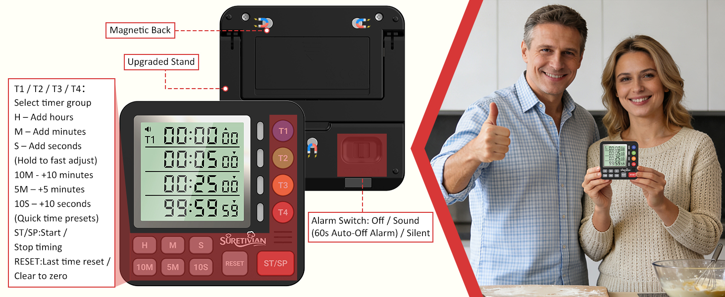 Digital Kitchen Timer for Cooking - 4 Channel Count Up Countdown Timer with Loud Alarm and Silent Mode, Large Display, Magnetic Back, Auto Memory for Classroom Study Gym, Battery Included (Black)