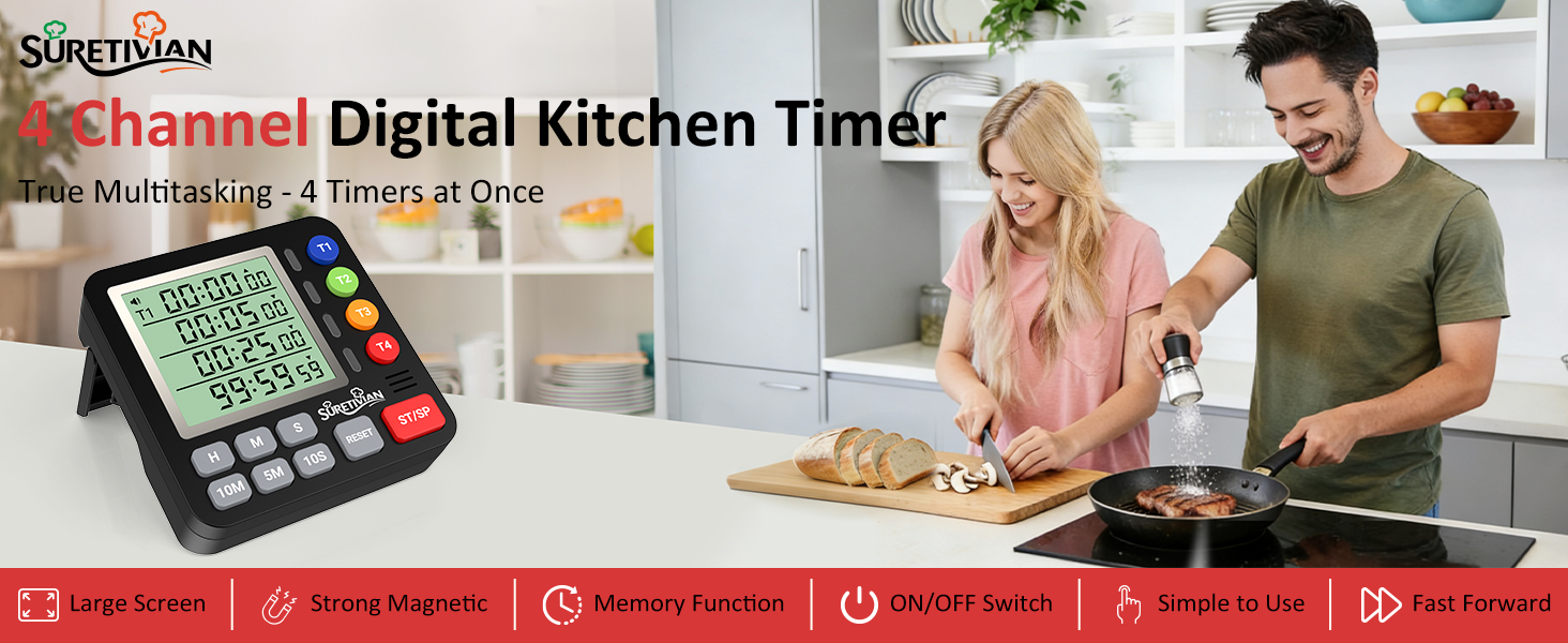 Digital Kitchen Timer for Cooking - 4 Channel Count Up Countdown Timer with Loud Alarm and Silent Mode, Large Display, Magnetic Back, Auto Memory for Classroom Study Gym, Battery Included (Black)