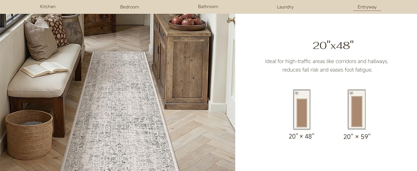 HUGEAR Grey Kitchen Rug Sets 3 Piece 20x32/20x48/20x59 Inch Vintage Distressed Entryway Washable Kitchen Mats Floor Carpet Non Slip Runner Rugs for Hallway Laundry Sink Bathroom