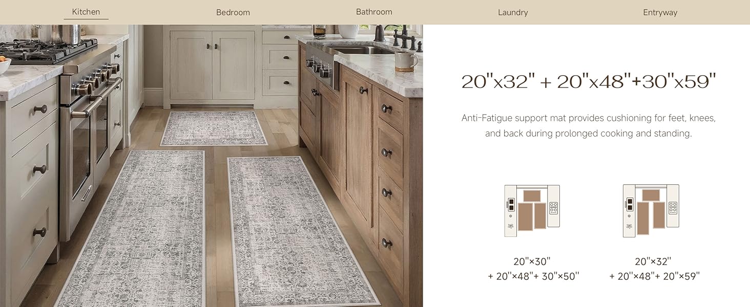 HUGEAR Grey Kitchen Rug Sets 3 Piece 20x32/20x48/20x59 Inch Vintage Distressed Entryway Washable Kitchen Mats Floor Carpet Non Slip Runner Rugs for Hallway Laundry Sink Bathroom