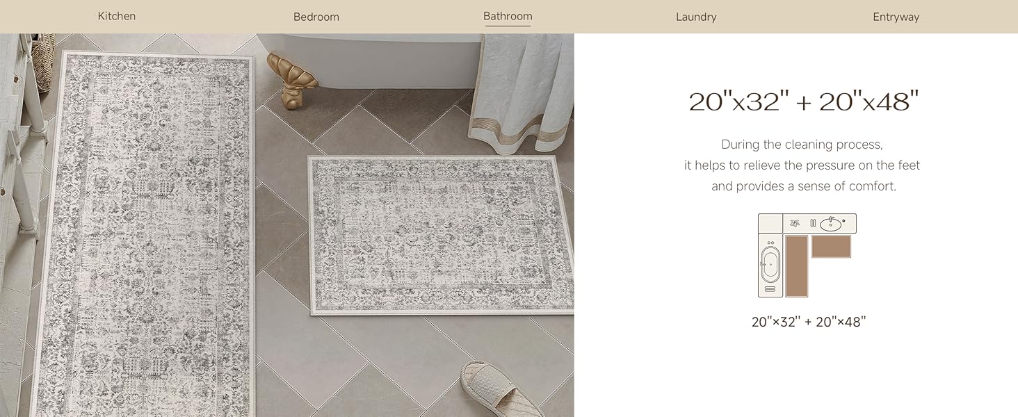 HUGEAR Grey Kitchen Rug Sets 3 Piece 20x32/20x48/20x59 Inch Vintage Distressed Entryway Washable Kitchen Mats Floor Carpet Non Slip Runner Rugs for Hallway Laundry Sink Bathroom