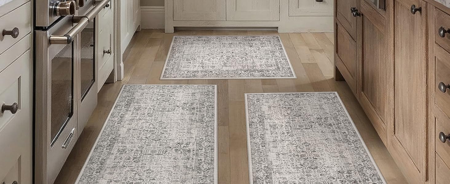 HUGEAR Grey Kitchen Rug Sets 3 Piece 20x32/20x48/20x59 Inch Vintage Distressed Entryway Washable Kitchen Mats Floor Carpet Non Slip Runner Rugs for Hallway Laundry Sink Bathroom