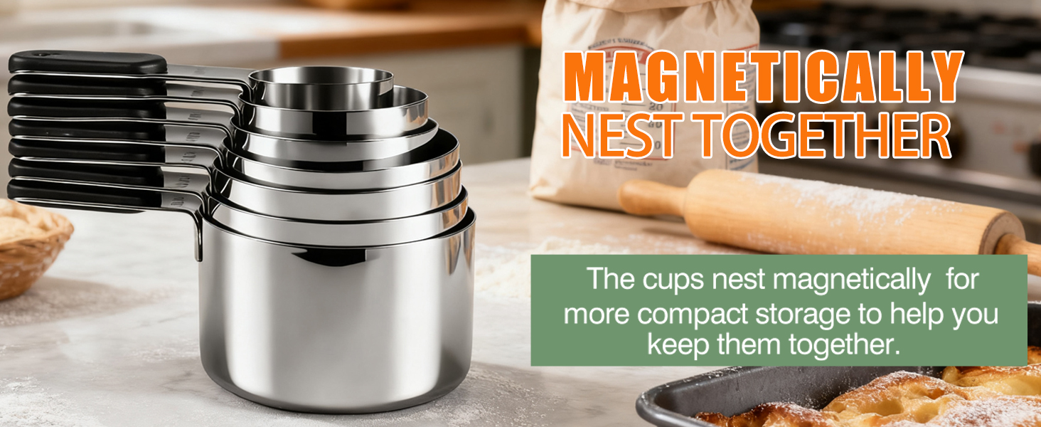 Magnetic Handles 7 Piece Stainless Steel Measuring Cups, Black, Kitchen Gadgets for Measure Liquid and Dry Ingredients, Cooking & Baking