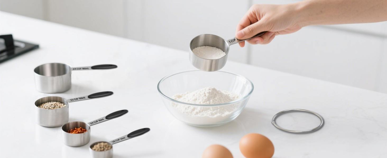 TILUCK magnetic measuring spoons set and measuring cups, stainless steel measuring cups, 6 double-sided stainless steel measuring spoons & 1 leveler (13)
