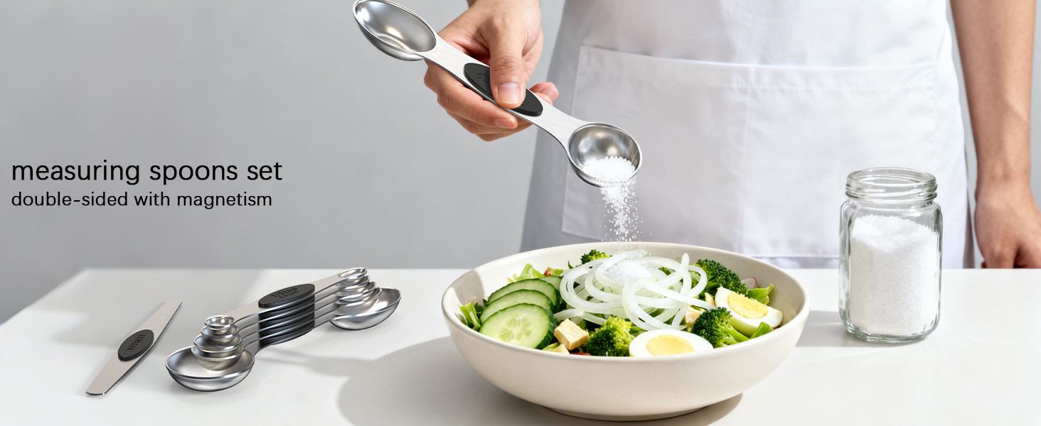 TILUCK magnetic measuring spoons set and measuring cups, stainless steel measuring cups, 6 double-sided stainless steel measuring spoons & 1 leveler (13)