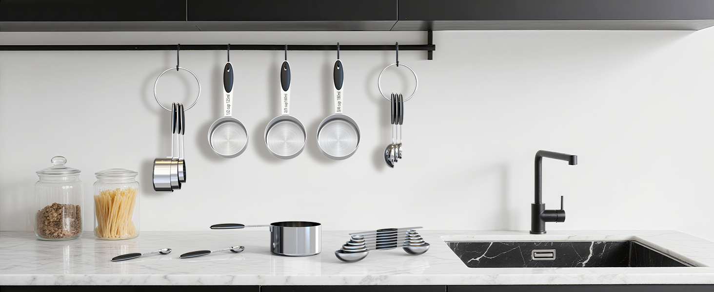 TILUCK magnetic measuring spoons set and measuring cups, stainless steel measuring cups, 6 double-sided stainless steel measuring spoons & 1 leveler (13)