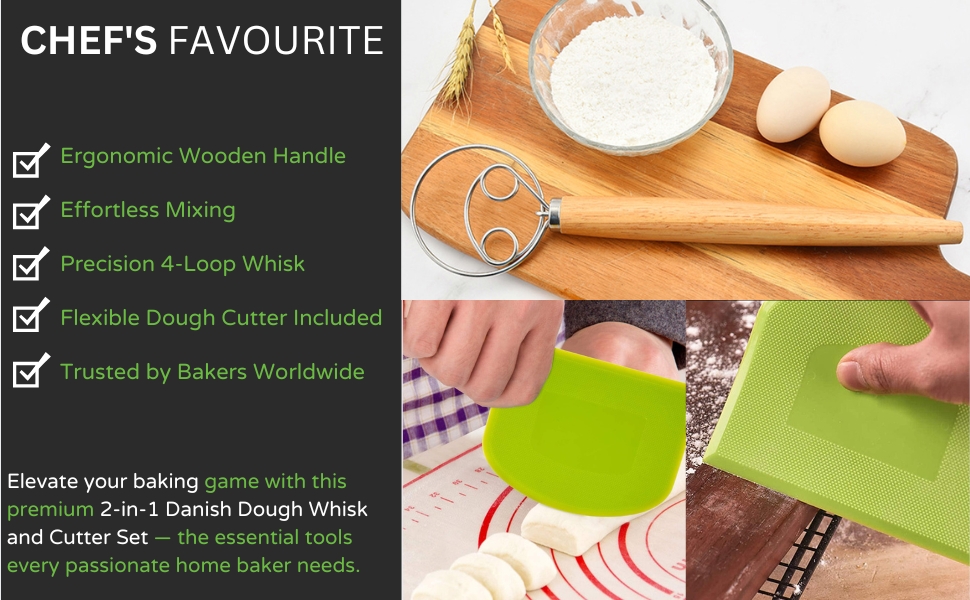 Danish Dough Whisk – Sourdough Mixing Tool with Dough Scraper. Danish Whisk for Baking, Mixing Thick Dough, Bread Making, Pastry, Cookies, Pizza, Batter & More