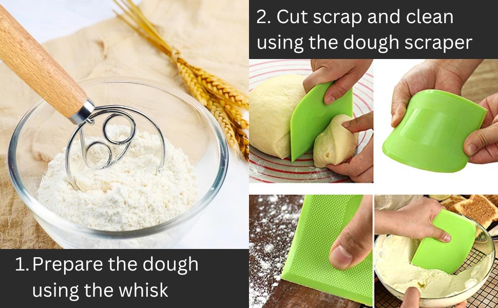 Danish Dough Whisk – Sourdough Mixing Tool with Dough Scraper. Danish Whisk for Baking, Mixing Thick Dough, Bread Making, Pastry, Cookies, Pizza, Batter & More